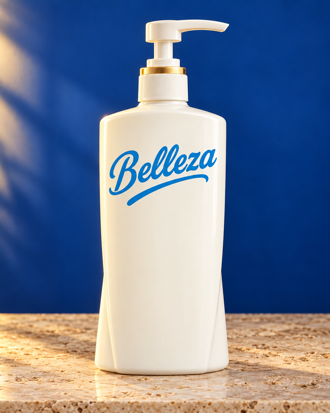 Golden Hour 16 oz bottle with raised lotion pump against cobalt blue