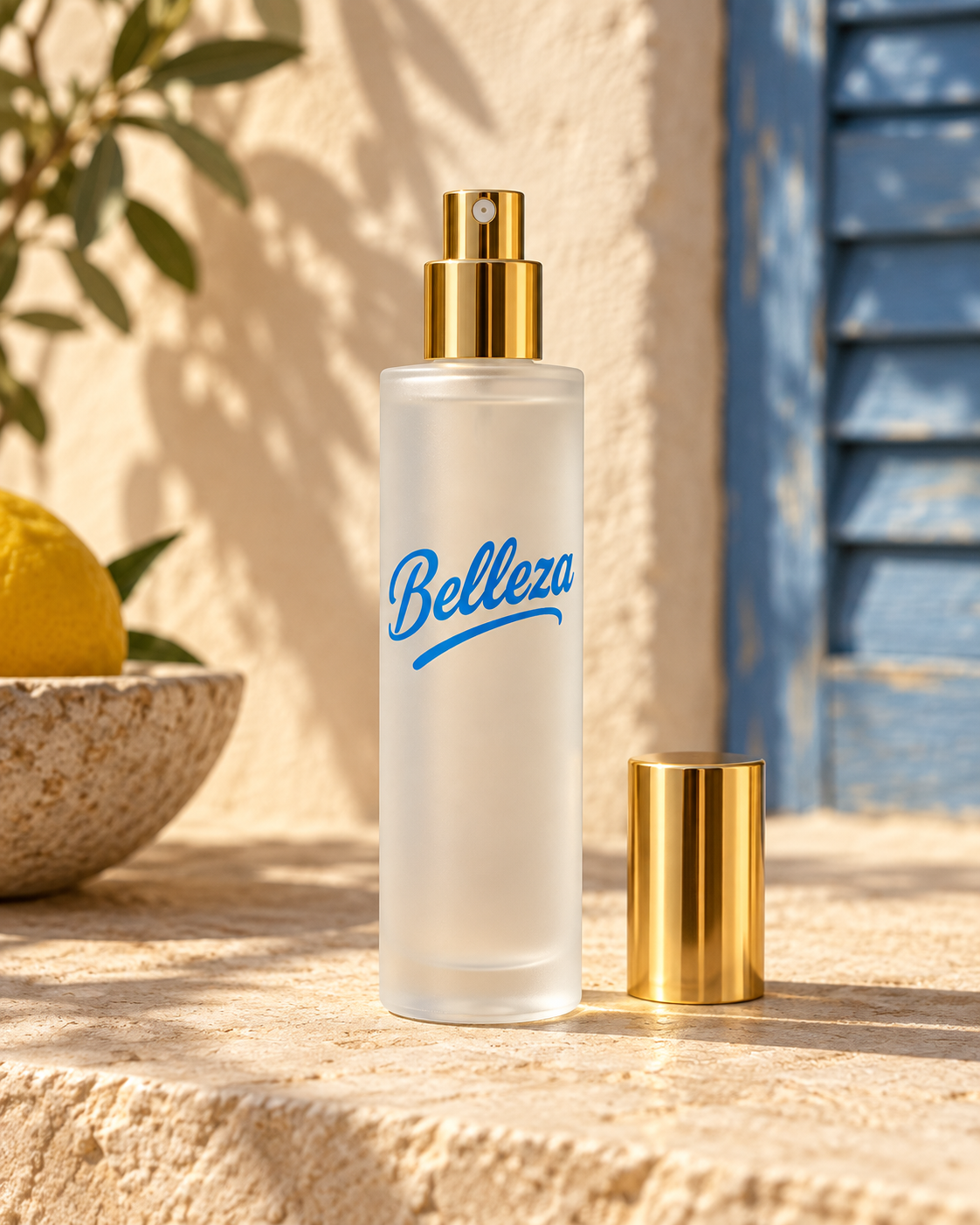 Afterglow mist with the Belleza logo and gold atomizer in warm courtyard light