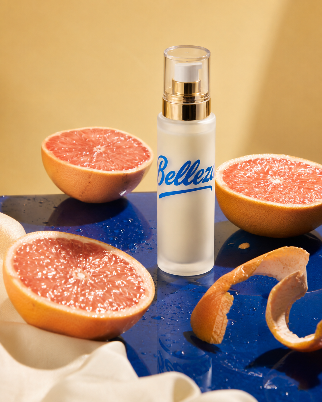 Belleza moisturizer with pink grapefruit on a reflective blue surface