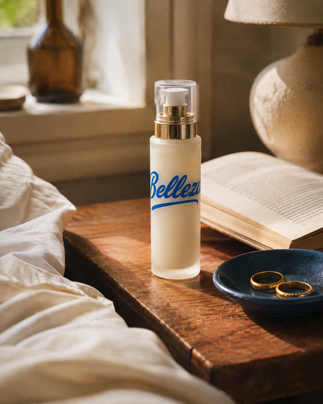 Belleza on a wooden bedside table with an open book and linen